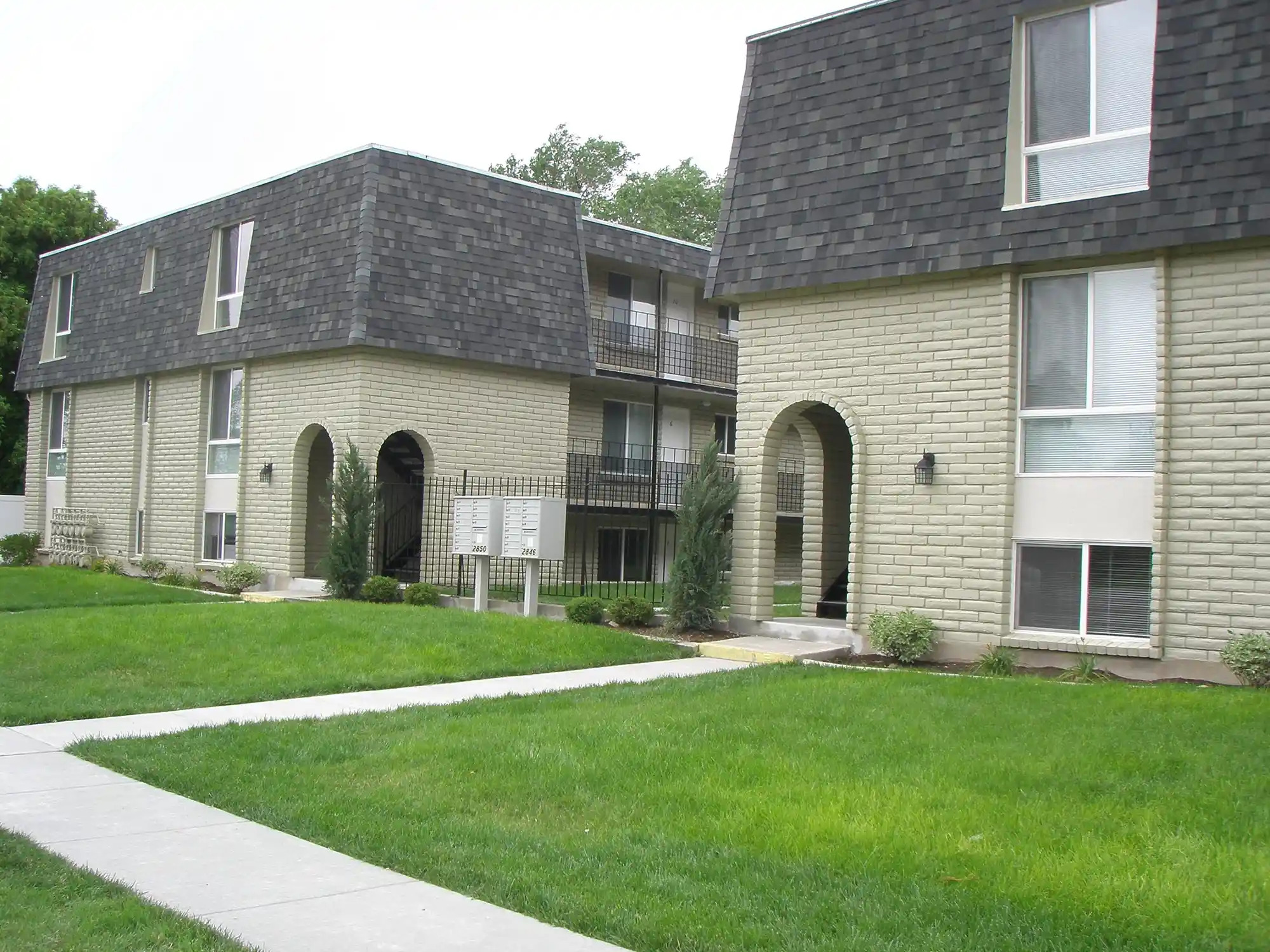 Exterior of the Blair Street apartment buildings and landscaped lawn